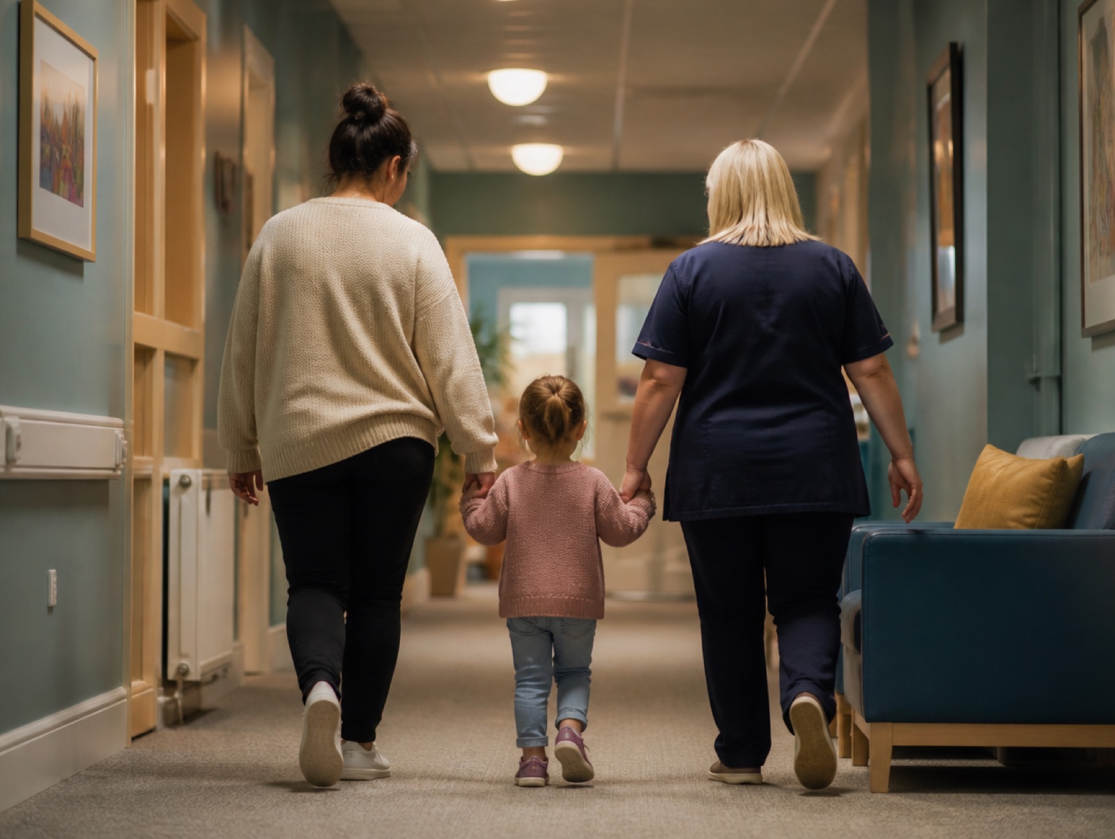 Parent and child in a clinic waiting area